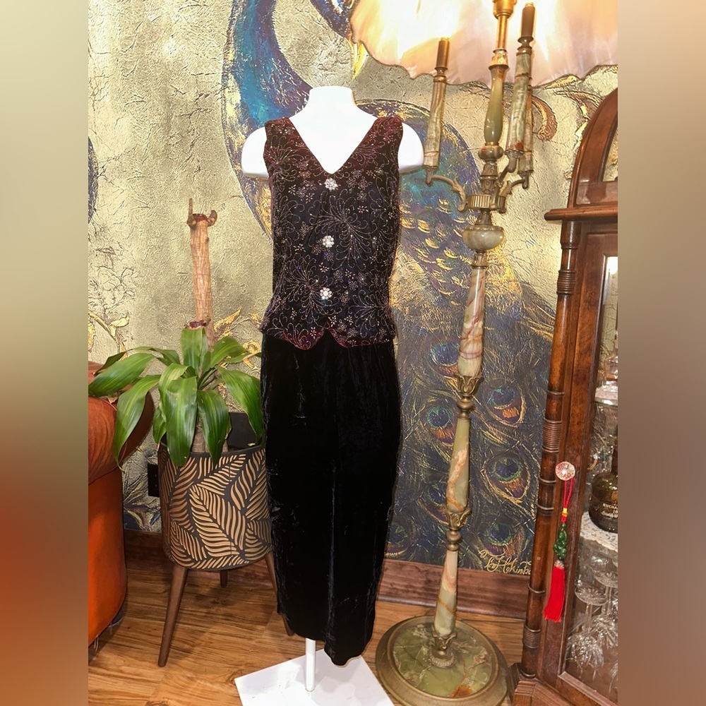 Vintage Scott McClintock Beaded Velvet Maxi Gown | 90s Grunge Formal Dress 10 - Picture 3 of 12